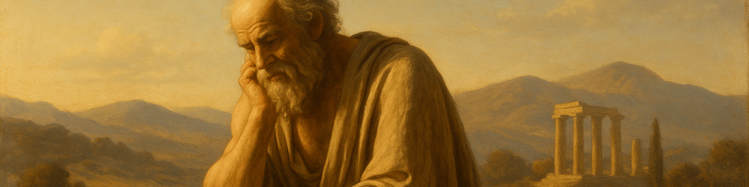 A contemplative elderly philosopher sitting in quiet reflection on a stone bench, bathed in soft golden afternoon light, with a serene classical Greek landscape of rolling hills and distant marble columns in the background, conveying deep introspection and philosophical wisdom.