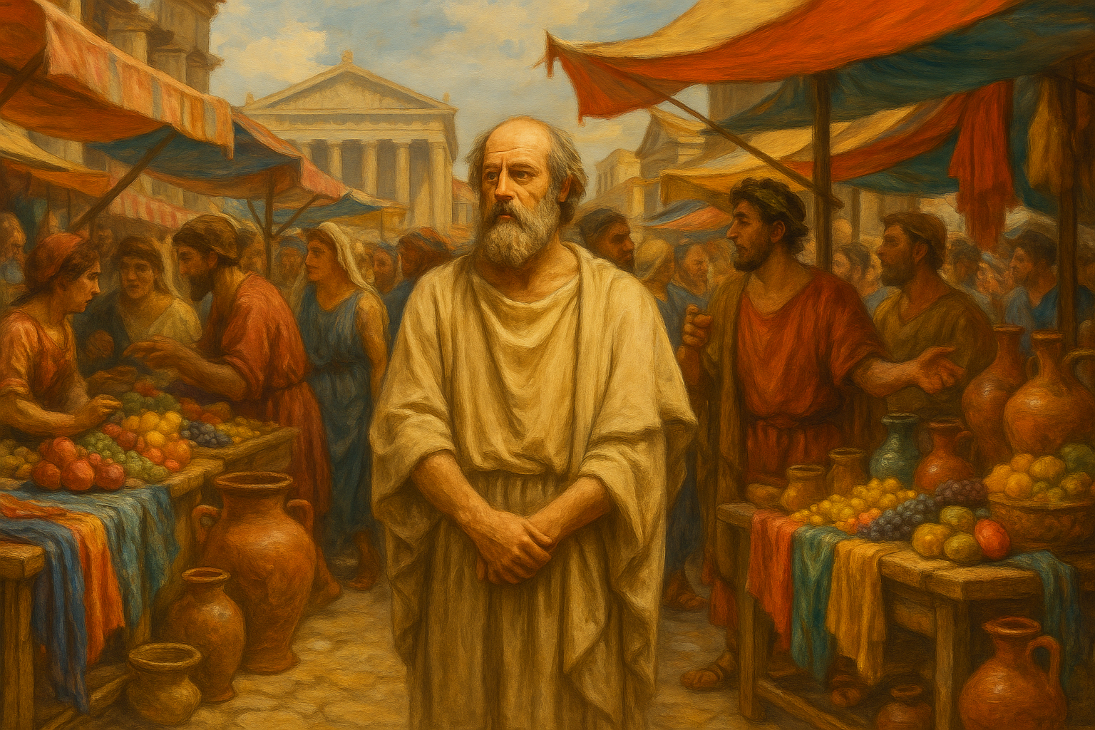 A crowded ancient Greek marketplace with vibrant stalls and merchants, centered on a contemplative philosopher in simple robes standing quietly amidst the chaos, his gaze reflective and calm while bustling traders and colorful goods swirl around him, capturing the contrast between material abundance