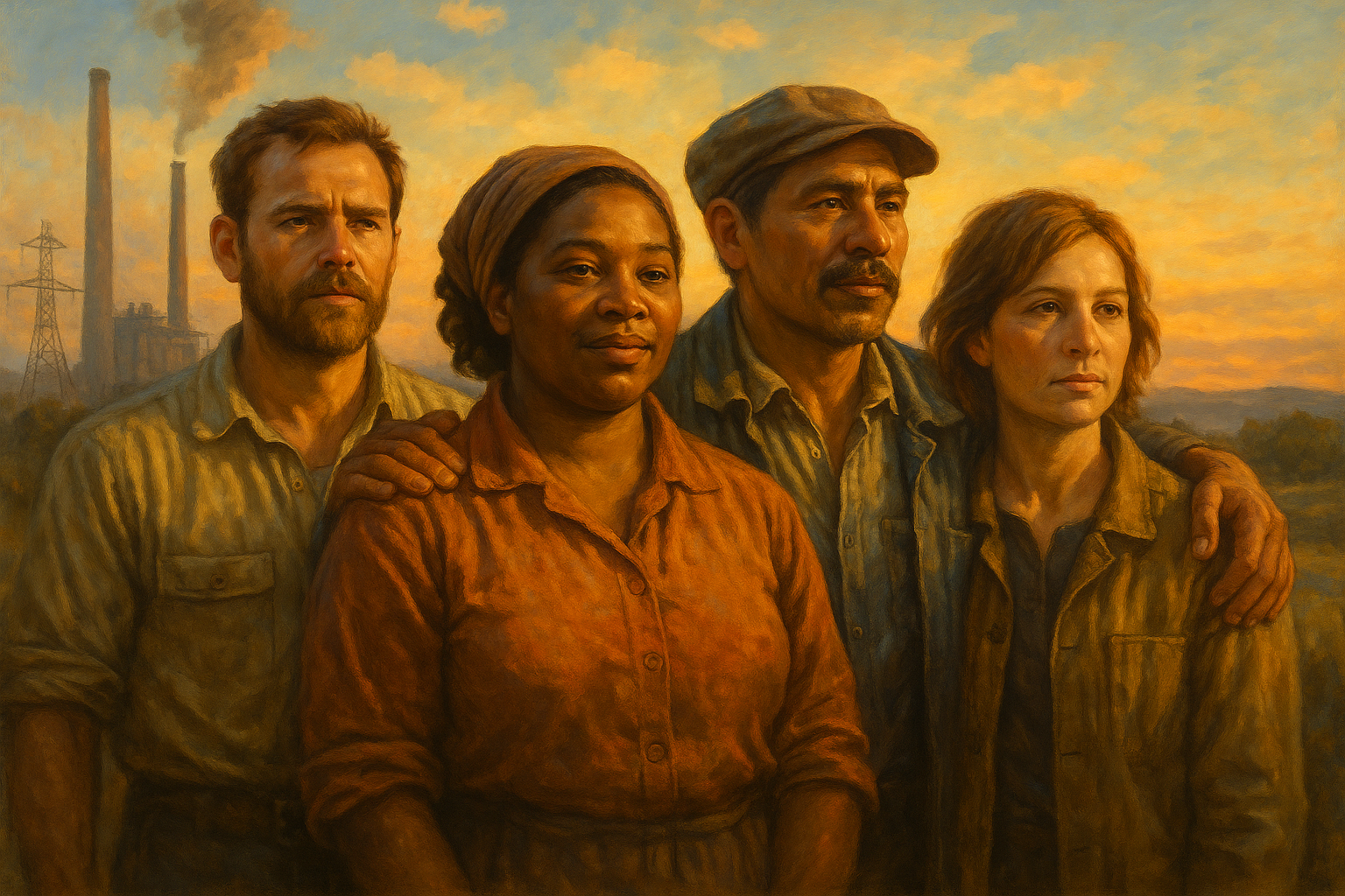 A compassionate scene of diverse working-class people standing together in solidarity, with warm golden sunlight illuminating their faces, representing hope and human dignity. In the background, a balanced landscape showing both industrial elements and natural beauty, symbolizing the harmony between