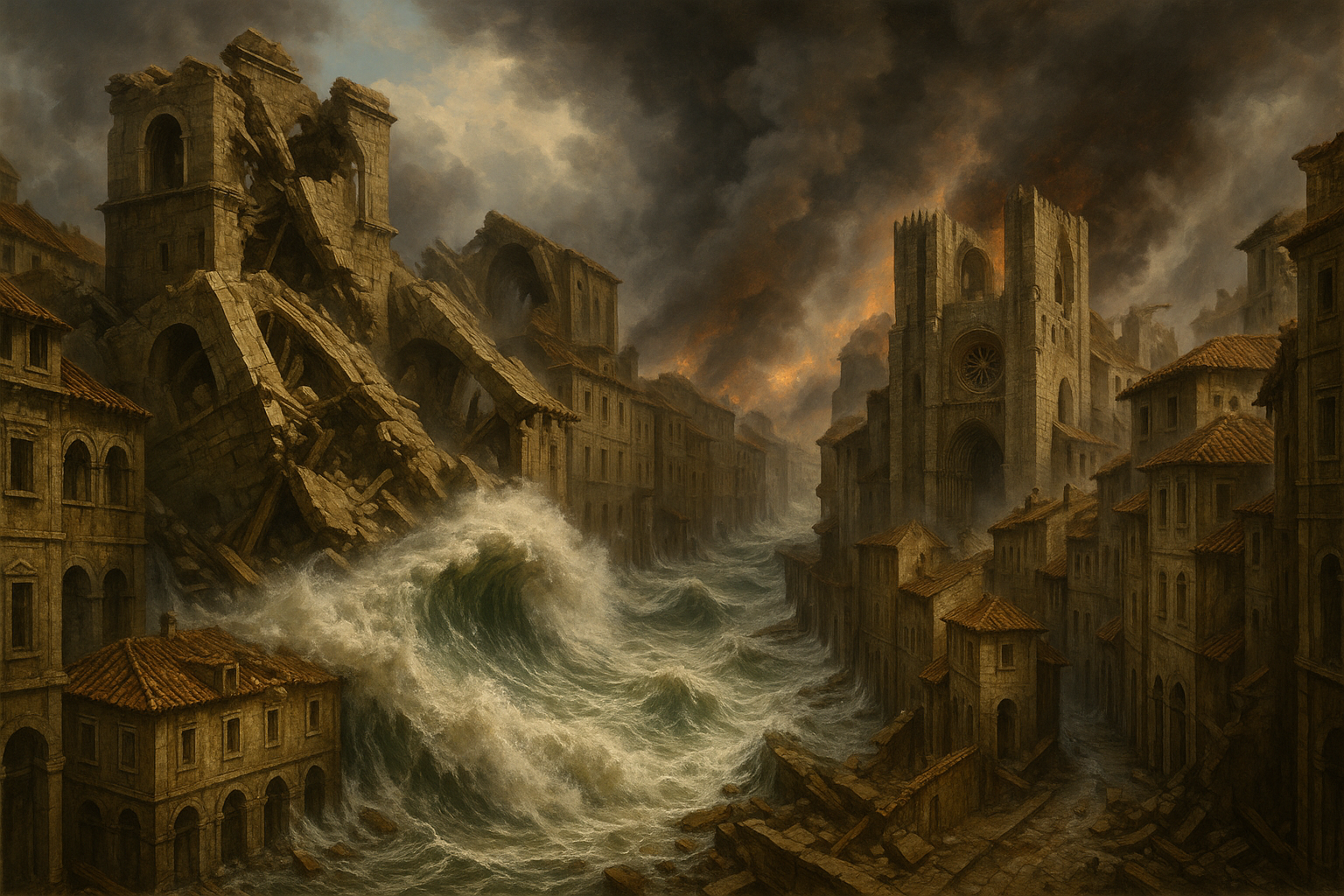 A dramatic scene of a crumbling medieval Lisbon cityscape, with massive stone buildings collapsing and massive ocean waves crashing through narrow streets, smoke and fire rising in the background, capturing the moment of devastating destruction with realistic historical architectural details and a s