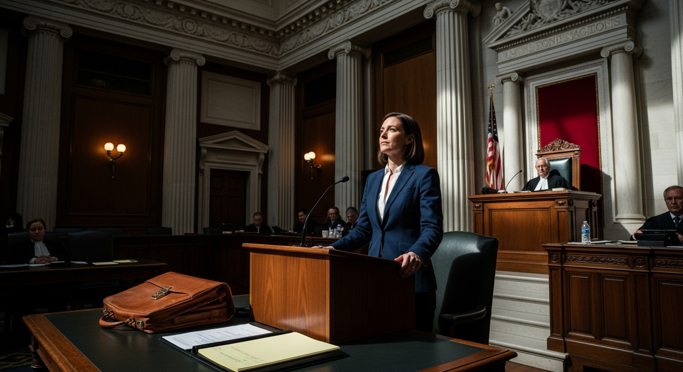 A powerful courtroom scene captured in natural window light streaming through tall classical columns
