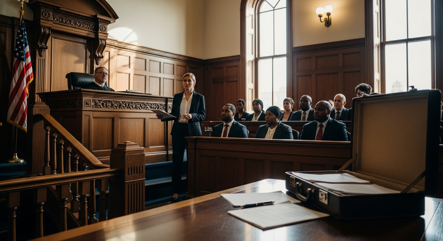 A professional courtroom scene captured in natural window light, showing a diverse group of people s