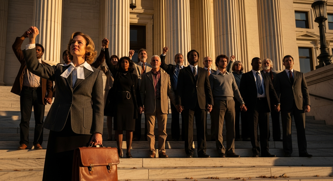 A powerful documentary-style photograph capturing a historic moment outside a grand courthouse with