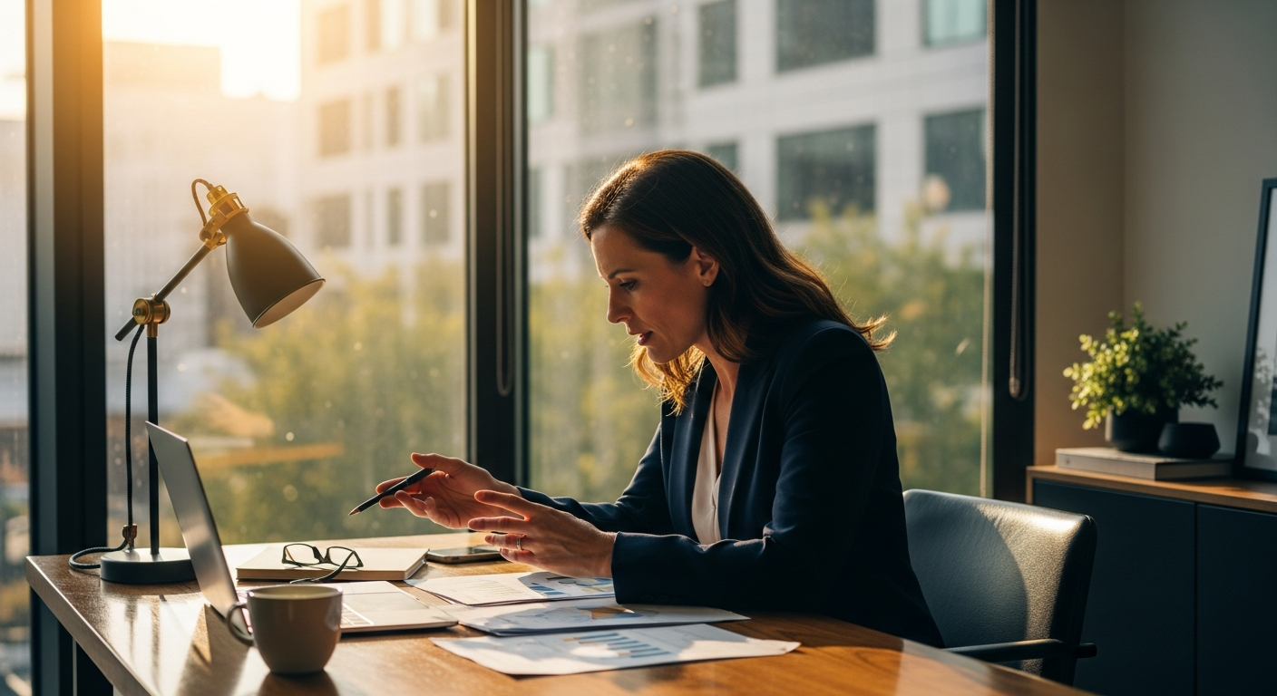 A determined professional woman in her forties sits at a polished wooden desk in a sunlit corner off