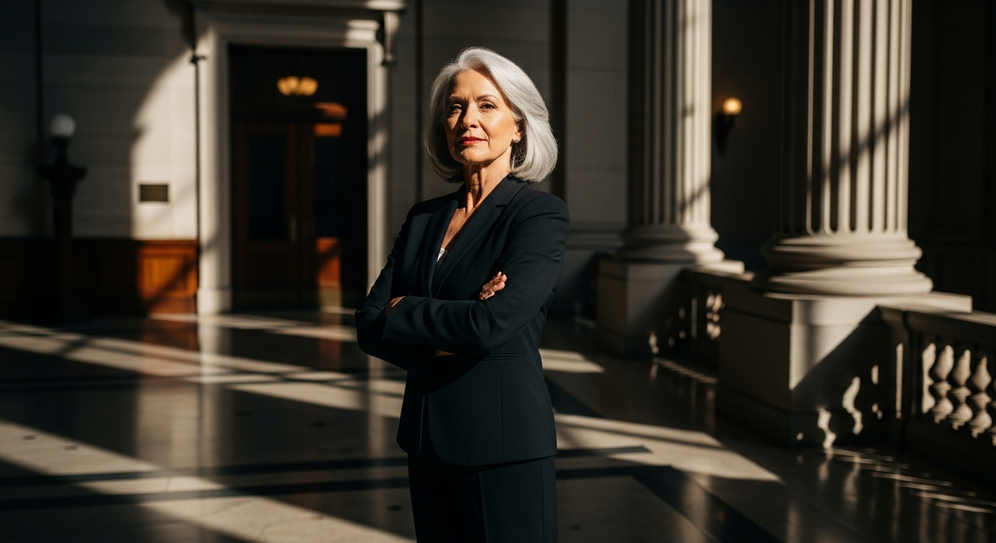 A powerful portrait of a determined senior woman in professional attire standing confidently in an o