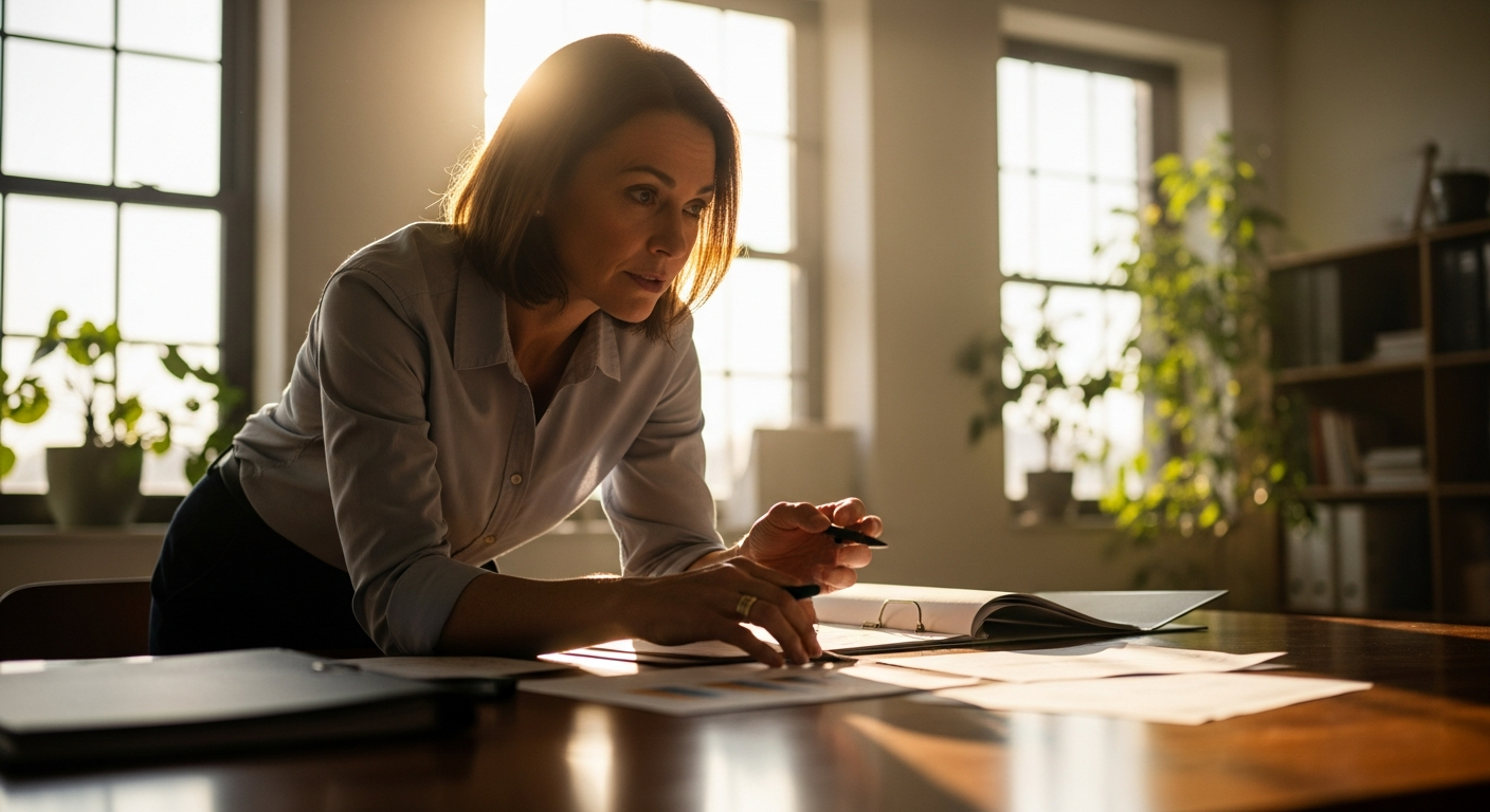 A candid behind-the-scenes photograph of a professional woman in her fifties with determined eyes an