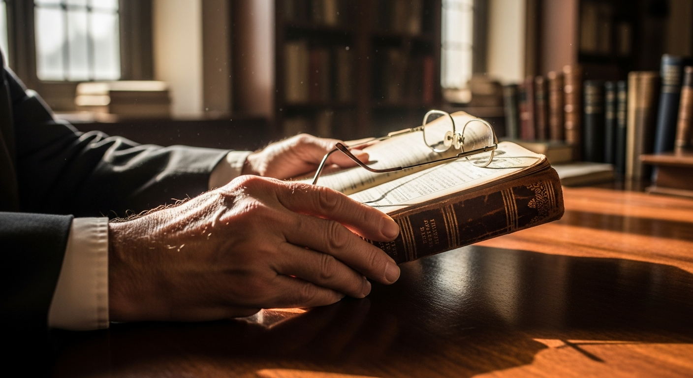 A close-up portrait of weathered hands holding a worn leather-bound book against a backdrop of a mah