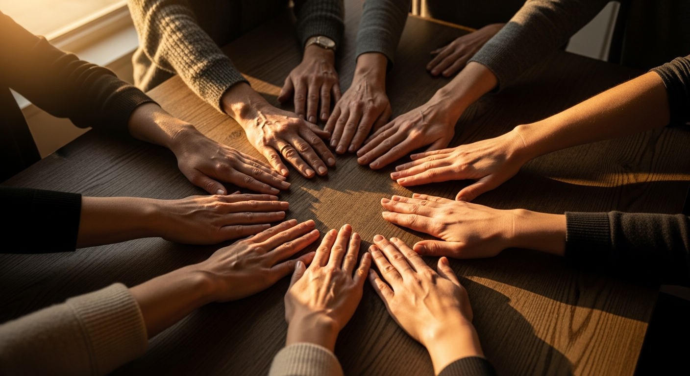 A powerful overhead shot of diverse hands from different skin tones reaching toward the center of a
