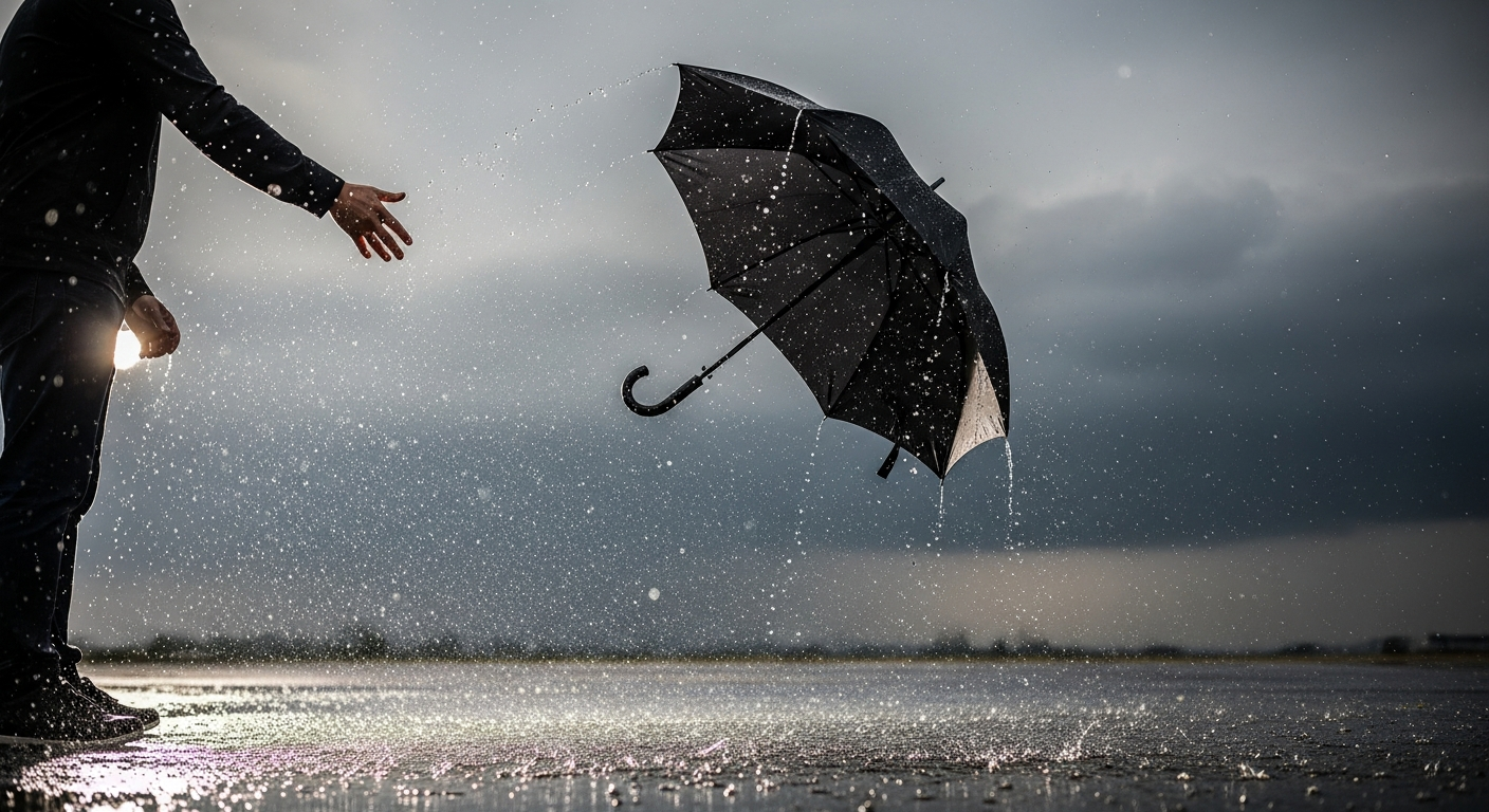 A dramatic outdoor scene captured during a heavy rainstorm, showing a person’s hand releasing