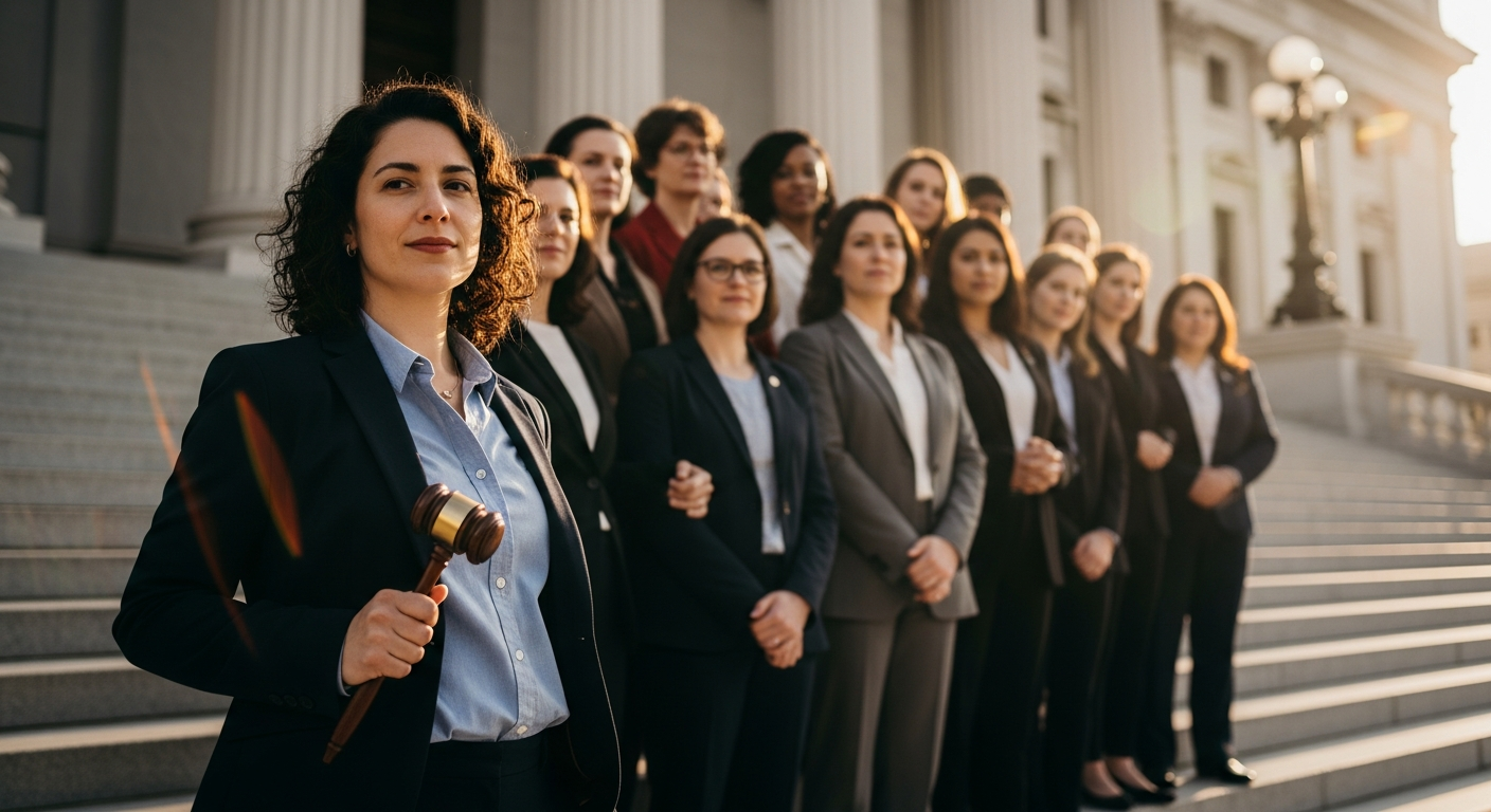 A powerful photograph capturing a diverse group of women standing together in solidarity on courthou
