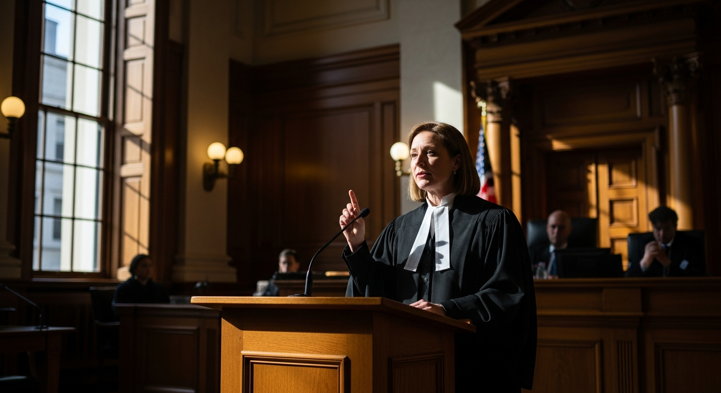 A candid courtroom photography scene captured in natural window light streaming through tall courtho