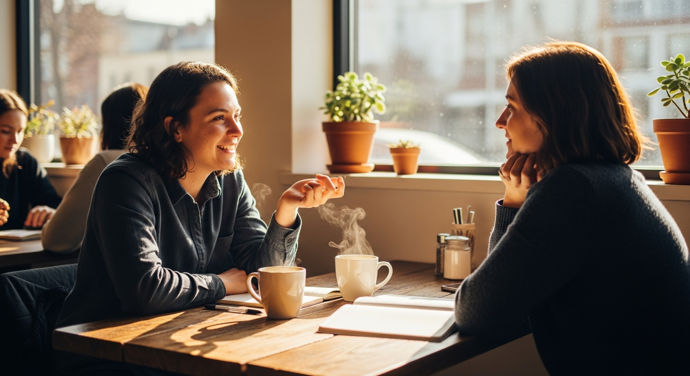 A warm, intimate coffee shop scene captured in soft golden hour light streaming through large window
