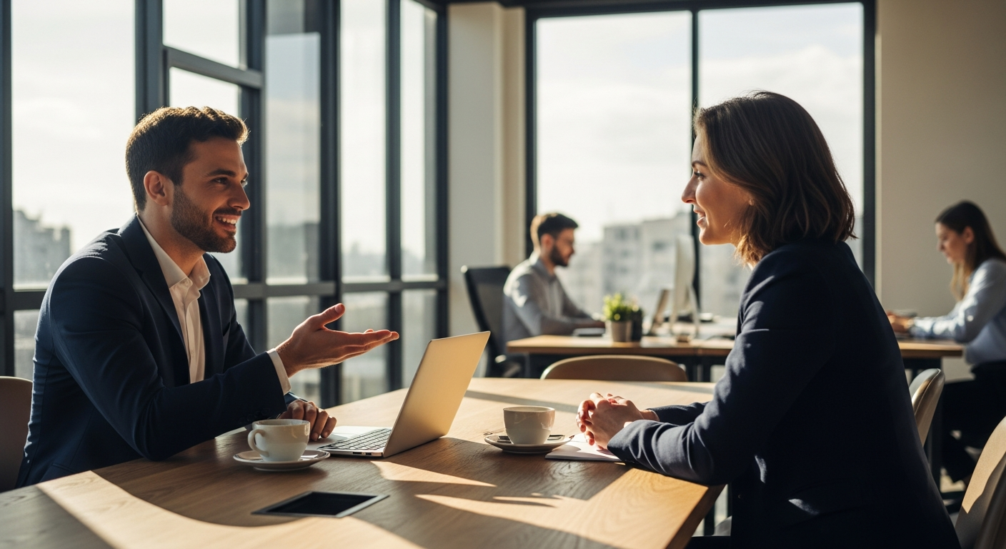 A candid photograph of two professionals in business attire engaged in a warm, collaborative convers