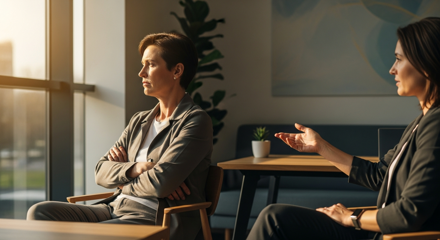 A candid moment captured in warm, natural window light showing two people in what appears to be a pr