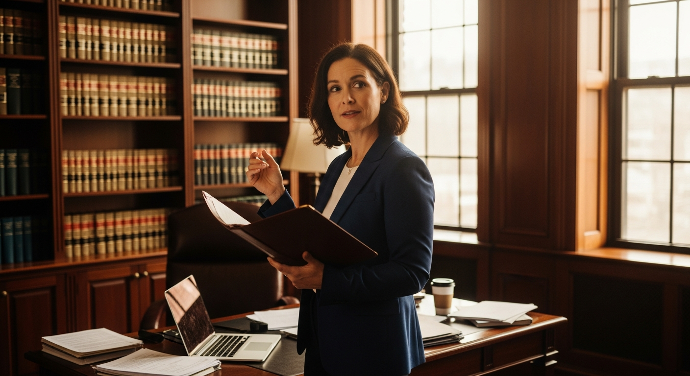 A professional woman in her forties stands confidently in a sunlit law office, natural afternoon lig