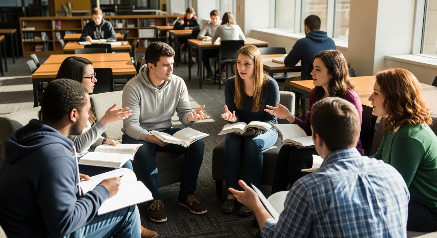 A candid photograph of a diverse group of law students gathered in a sunlit university common area, 