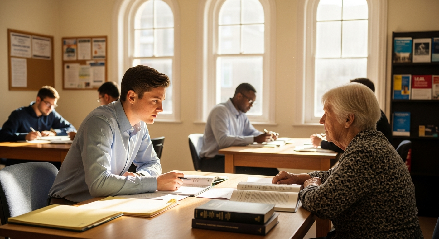 A law student in their final year sits at a wooden table in a bright community legal aid office, nat