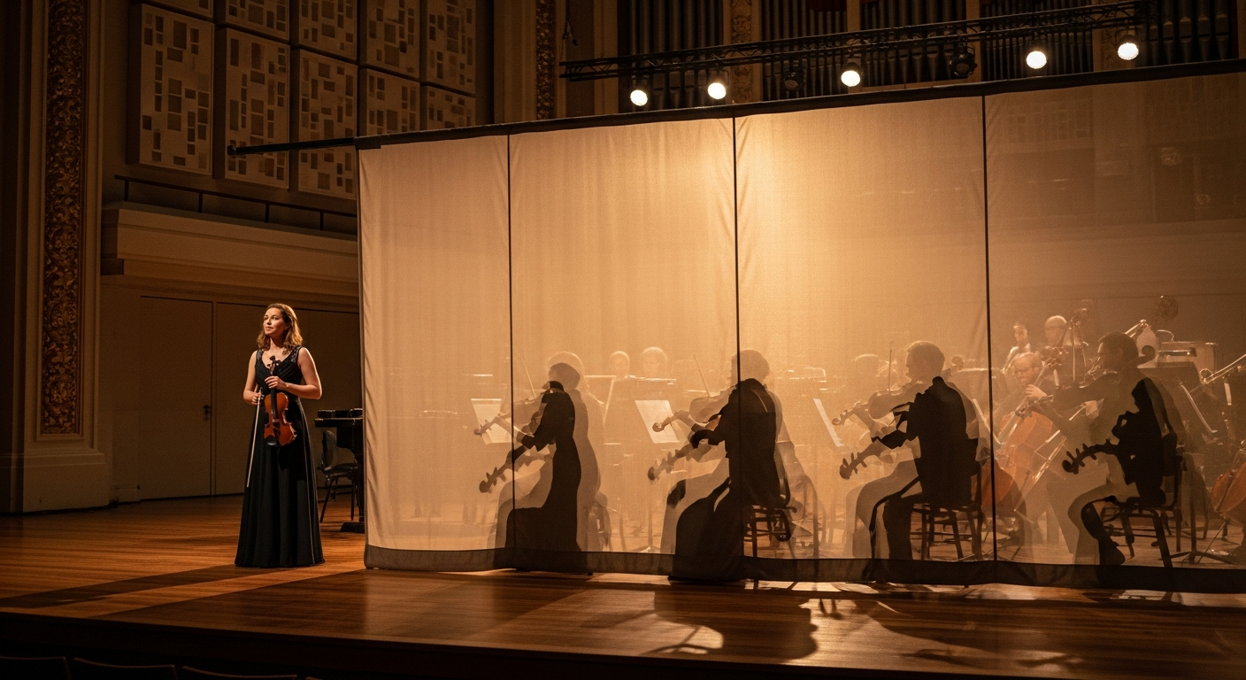 A candid behind-the-scenes photograph of a professional symphony orchestra during an audition, shot 