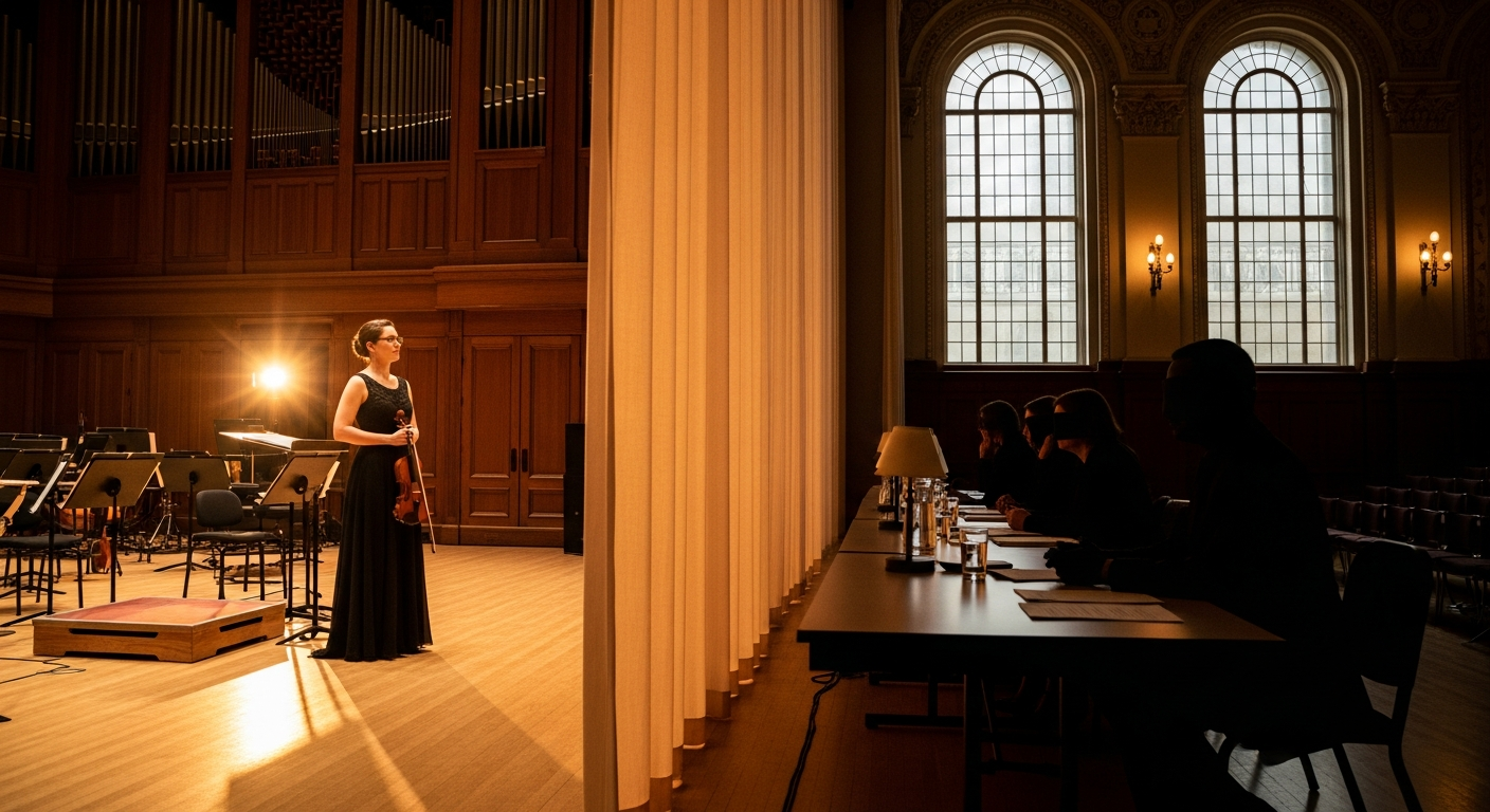 A powerful behind-the-scenes moment in a concert hall showing a professional orchestra audition setu