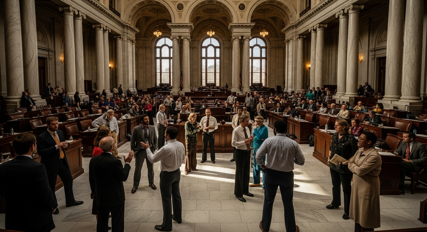 A powerful wide-angle shot capturing the interior of a grand state capitol building, with its ornate