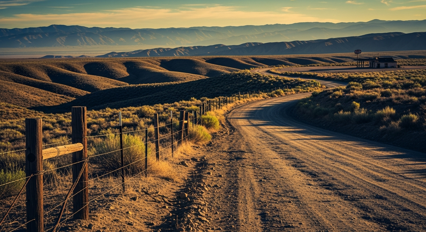 A wide-angle photograph capturing a remote rural landscape with a winding dirt road stretching towar