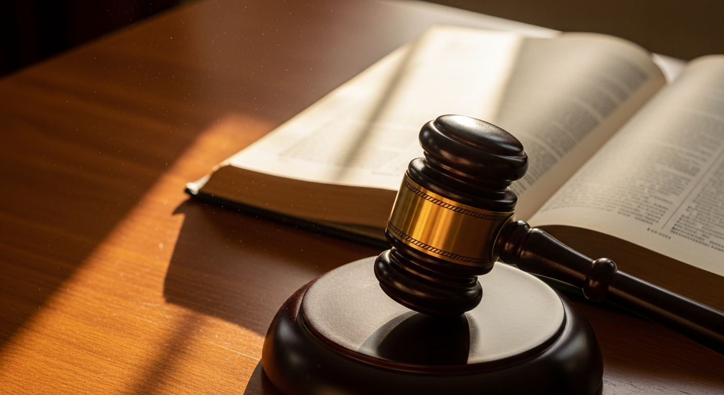 A close-up shot of a gavel resting on a polished wooden surface beside an open law book with aged ye