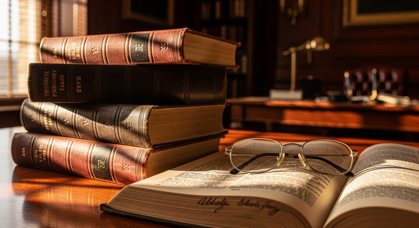 A close-up photograph of weathered law books with leather bindings stacked on a polished wooden desk