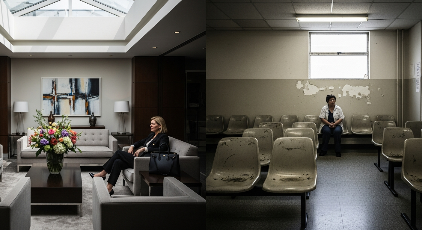 on the left side, an upscale private medical office with plush seating, modern art on walls, fresh f