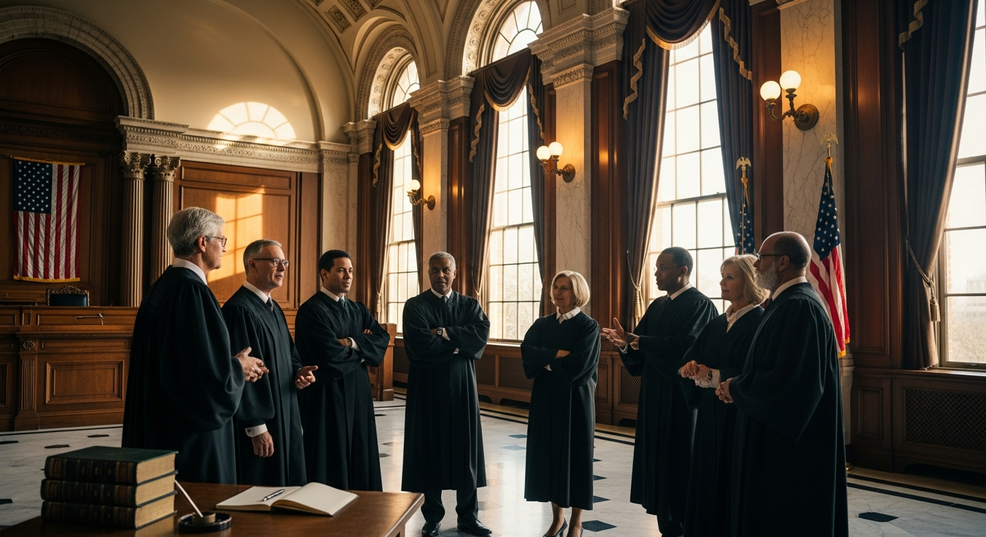 A candid moment inside a grand judicial chamber with rich mahogany wood paneling and tall windows ca