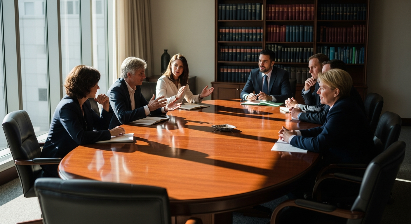 A candid behind-the-scenes photograph of a modern conference room with warm afternoon sunlight strea