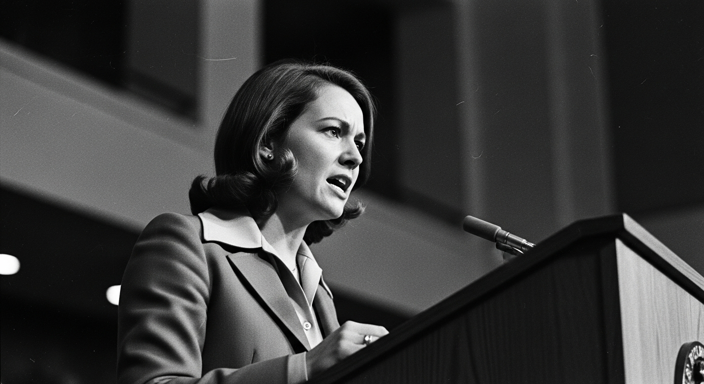 A powerful black and white photograph capturing a woman in professional attire speaking passionately