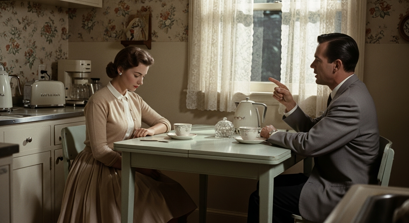 A vintage 1950s domestic scene captured in warm, nostalgic film photography showing a well-dressed w