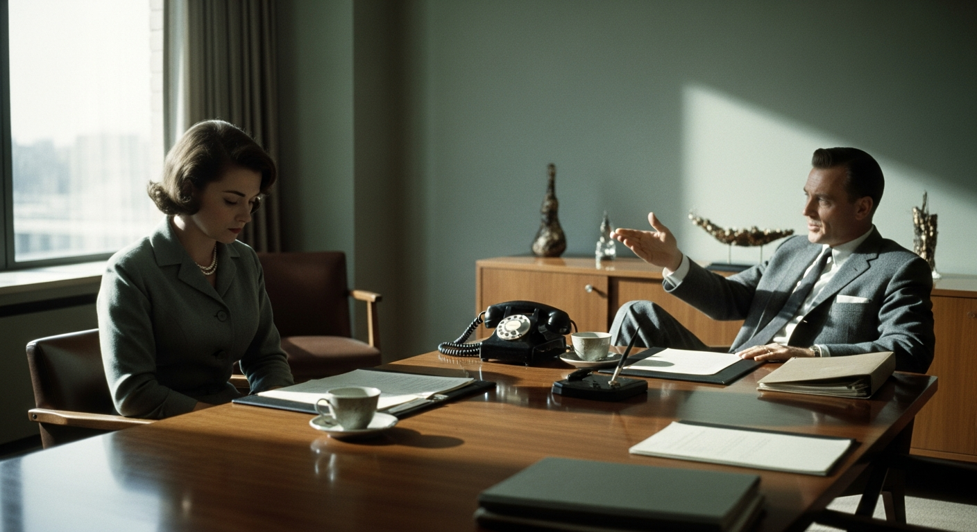 A candid photograph capturing a professional meeting scene from the 1950s era, shot in soft natural 