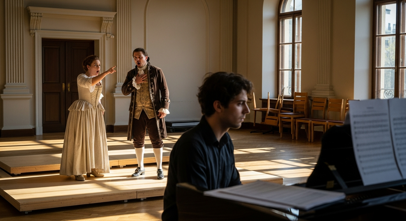 A candid behind-the-scenes photograph of an opera rehearsal space with warm afternoon sunlight strea