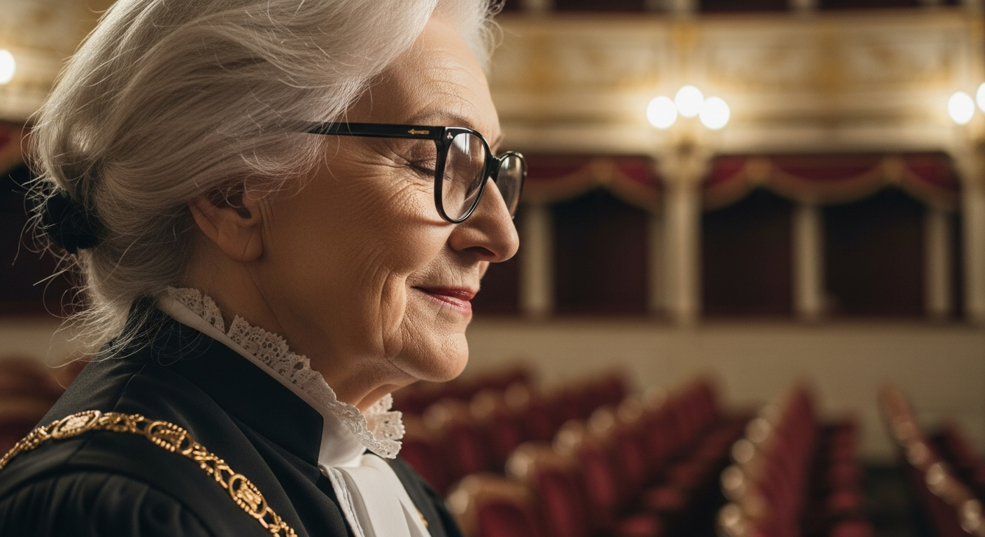 A close-up shot of an elderly woman with silver-white hair and distinctive black-framed glasses in p