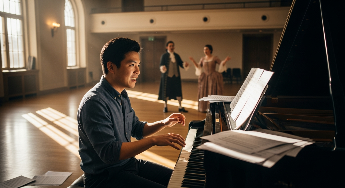A candid behind-the-scenes photograph capturing a young Asian-American composer sitting at a grand p