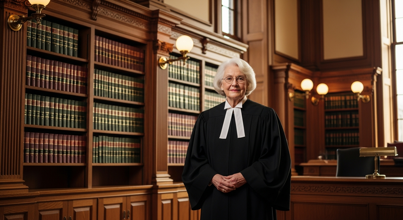 A distinguished elderly woman with silver-white hair and glasses stands confidently in a formal blac