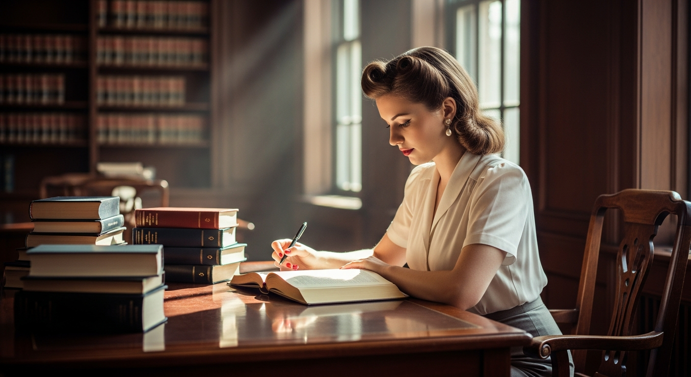 A vintage-inspired portrait of a young woman in her twenties sitting at a polished wooden desk in a 