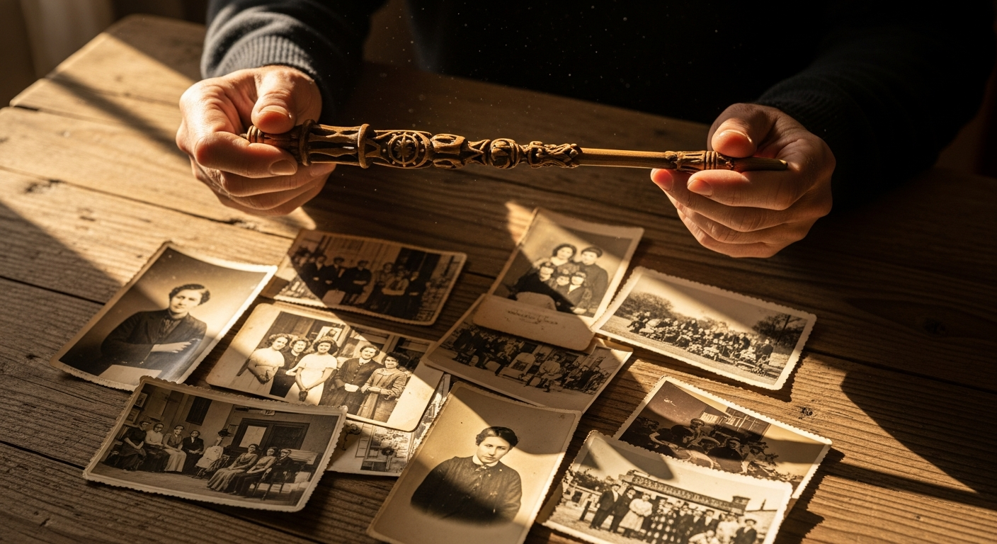 A contemplative overhead shot of weathered hands holding an ornate vintage wooden wand above scatter