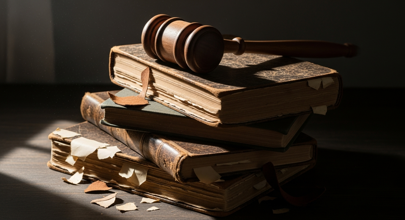 A moody flat lay photograph on a dark wooden surface showing an aged wooden gavel resting on a stack