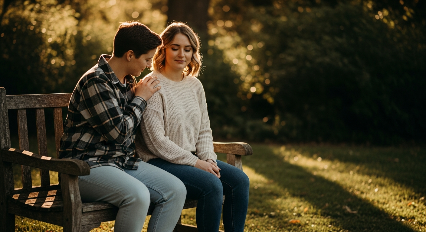 A warm, candid moment captured in golden hour light showing two people sitting close together on a w