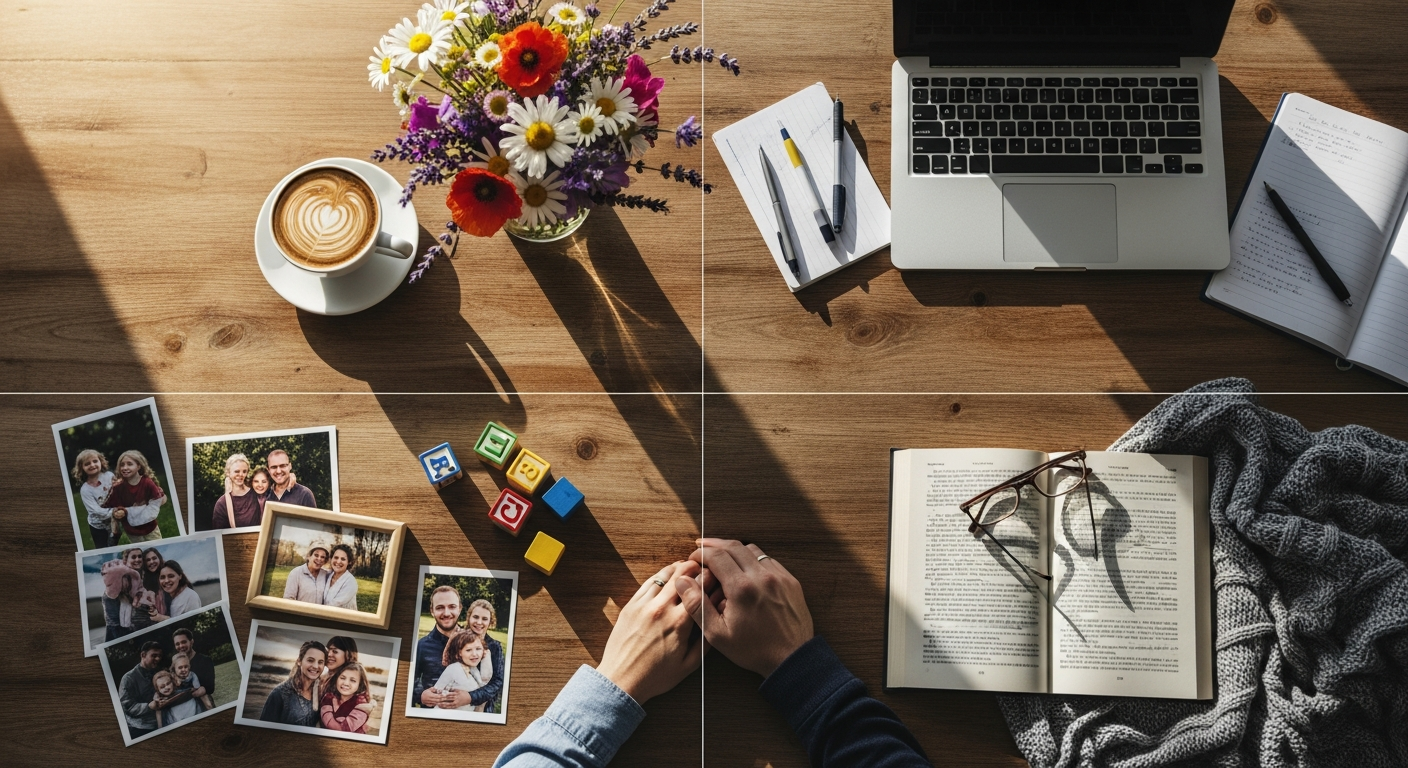 A serene overhead shot of four distinct sections of a wooden table, each representing different life