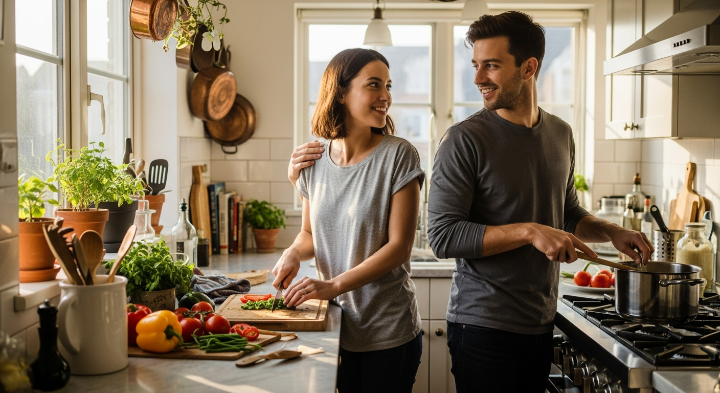 A candid lifestyle photograph capturing a couple in their bright, sunlit kitchen during golden hour,