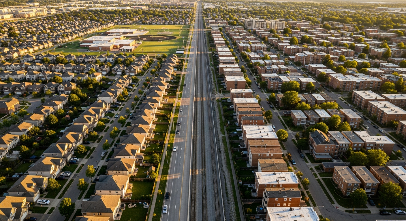A striking aerial view of an American suburban landscape during golden hour, showing a clear visual 