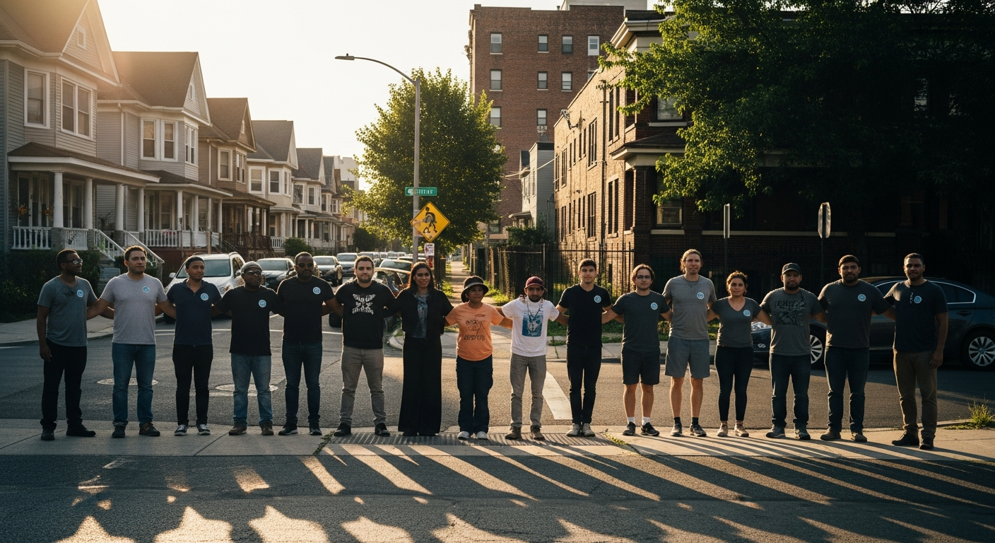 A powerful documentary-style photograph capturing a diverse group of community activists and organiz