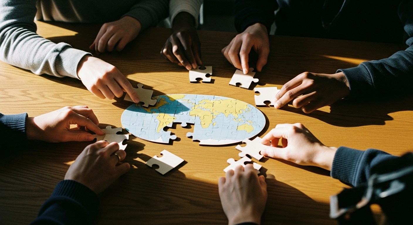 A candid overhead shot of diverse hands from different skin tones carefully arranging wooden puzzle 