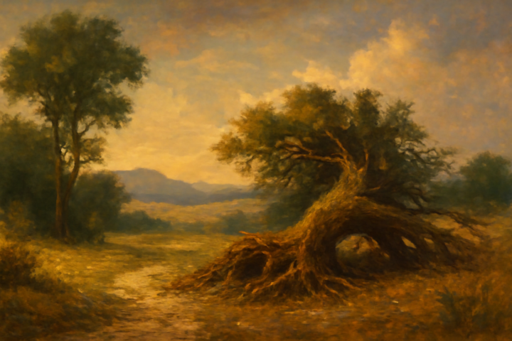 An oak and a reed were arguing about their strength. When a strong wind came up, the reed avoided being uprooted by bending and leaning with the gusts of wind. But the oak stood firm and was torn up by the roots.