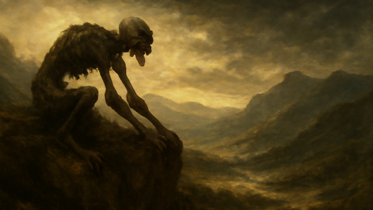 Lo! now the direful monster, whose skin clings To his strong bones, strides o’er the groaning rocks: He withers all in silence, and his hand Unclothes the earth, and freezes up frail life.