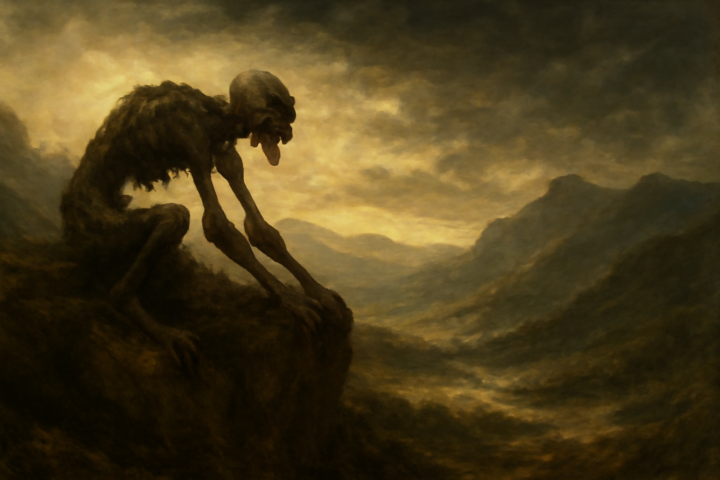 Lo! now the direful monster, whose skin clings To his strong bones, strides o’er the groaning rocks: He withers all in silence, and his hand Unclothes the earth, and freezes up frail life.