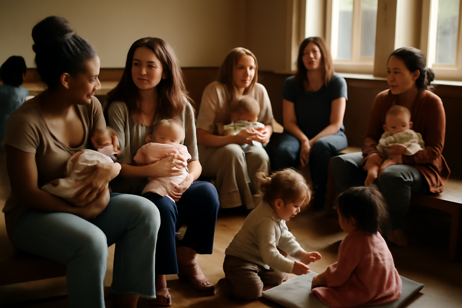A candid documentary-style photograph capturing a diverse group of mothers with their babies and young children gathered